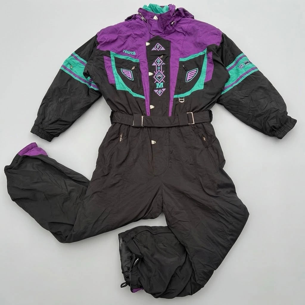 Vintage Reusch One Piece Ski Suit Mens XL Retro 90s Black Purple Teal Snowsuit