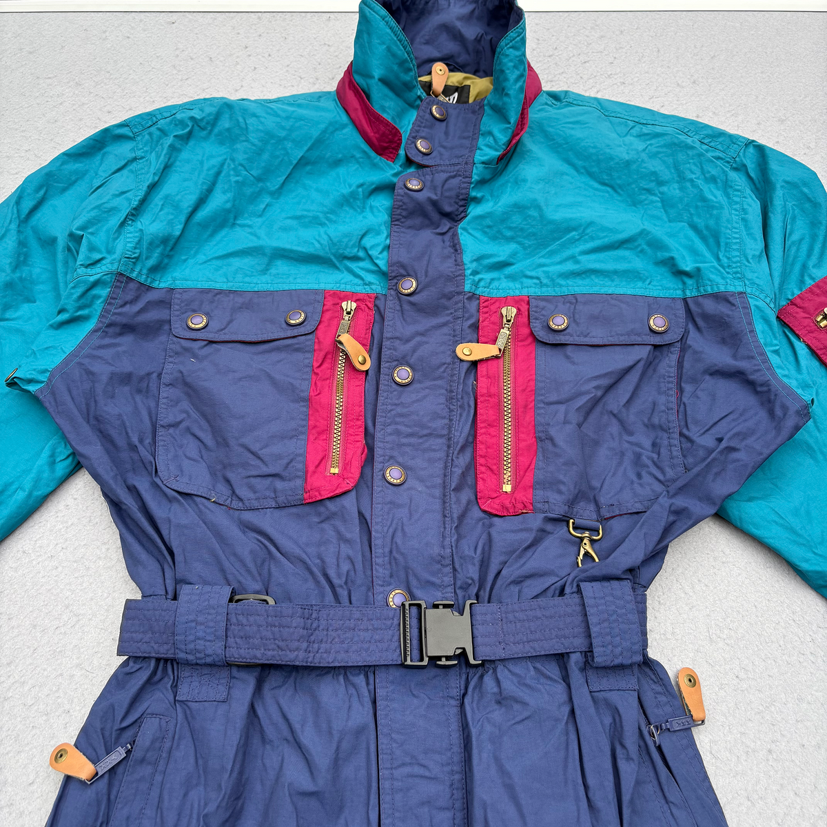 Vintage Marker Ski Suit Womens XL One Piece Colourblock Teal Navy 80s 90s Retro