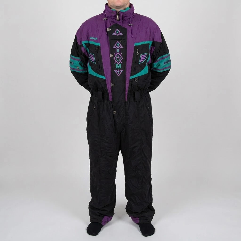 Vintage Reusch One Piece Ski Suit Mens XL Retro 90s Black Purple Teal Snowsuit