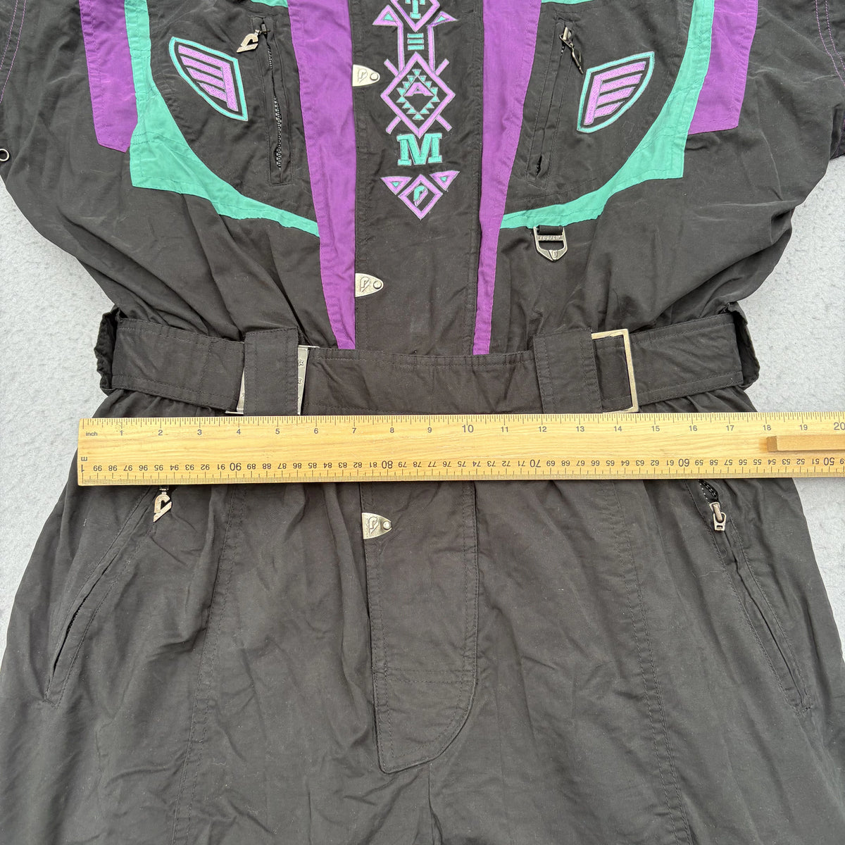 Vintage Reusch One Piece Ski Suit Mens XL Retro 90s Black Purple Teal Snowsuit