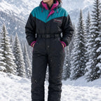 Vintage 90s Columbia One Piece Ski Suit Womens M Black Teal Pink Belted Radial Sleeve