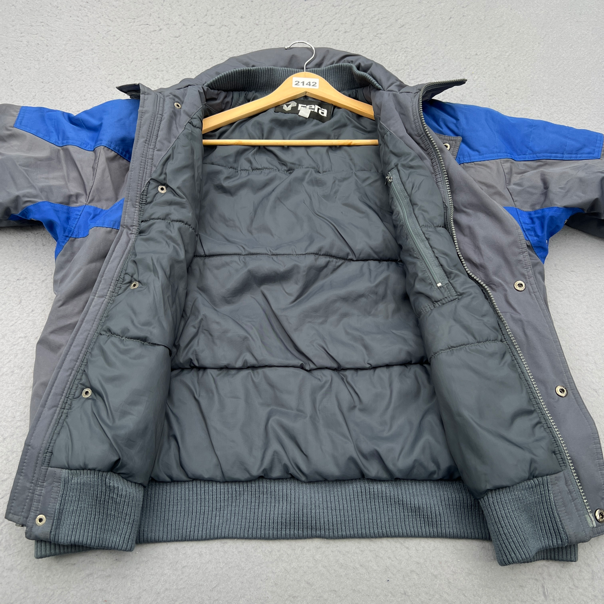 Vintage 80s Fera Skiwear Puffer Jacket Mens M Gray Blue Color Block Ski Bomber