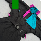 Vintage 90s Columbia One Piece Ski Suit Womens M Black Teal Pink Belted Radial Sleeve