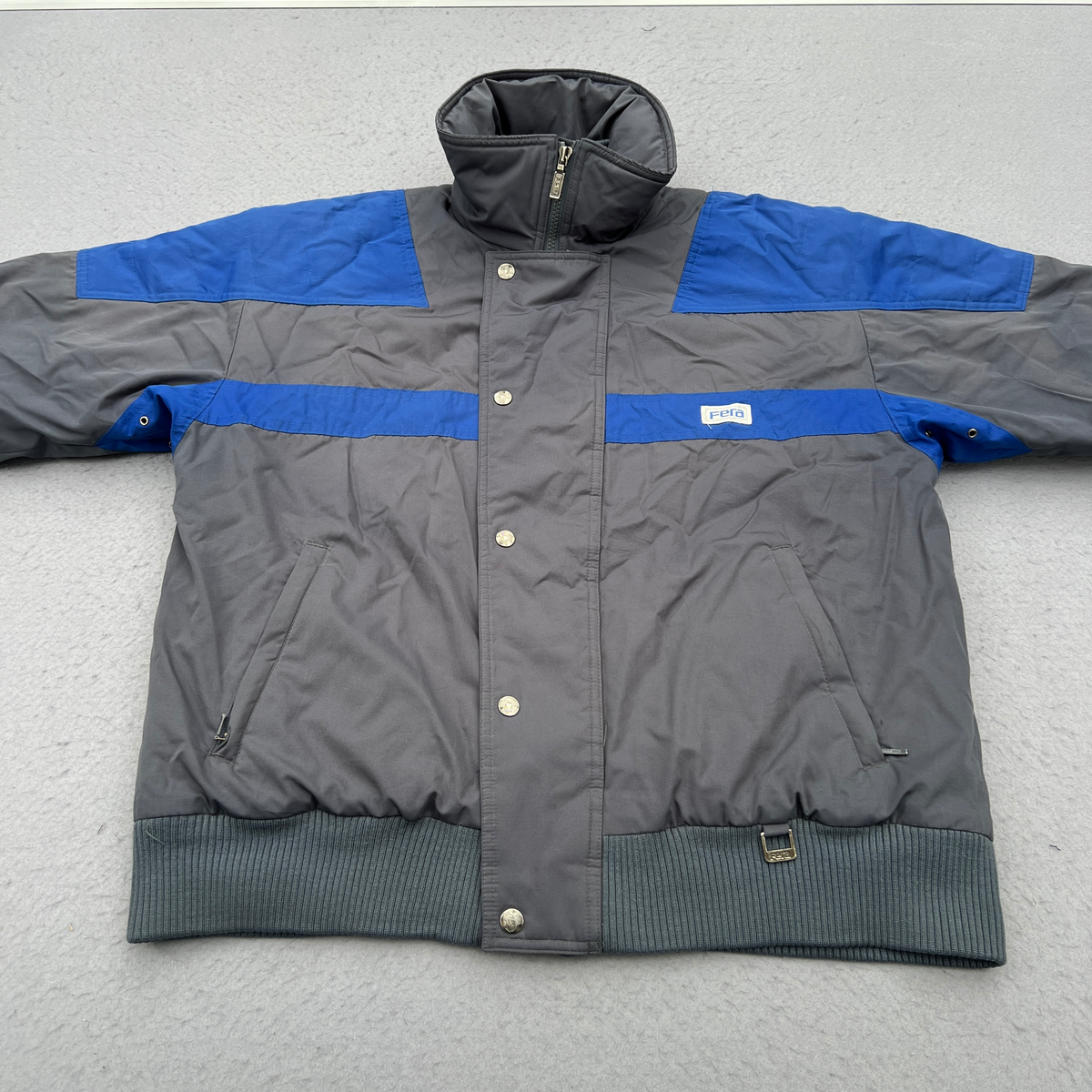 Vintage 80s Fera Skiwear Puffer Jacket Mens M Gray Blue Color Block Ski Bomber