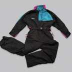 Vintage 90s Columbia One Piece Ski Suit Womens M Black Teal Pink Belted Radial Sleeve