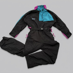 Vintage 90s Columbia One Piece Ski Suit Womens M Black Teal Pink Belted Radial Sleeve