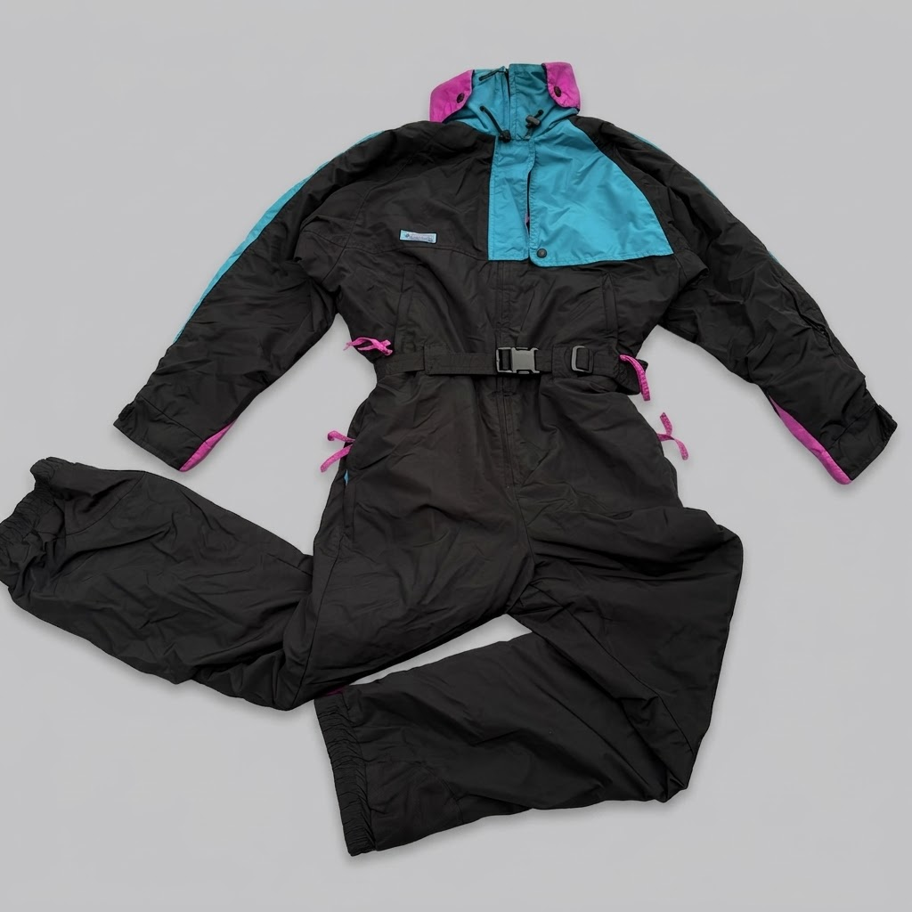 Vintage 90s Columbia One Piece Ski Suit Womens M Black Teal Pink Belted Radial Sleeve