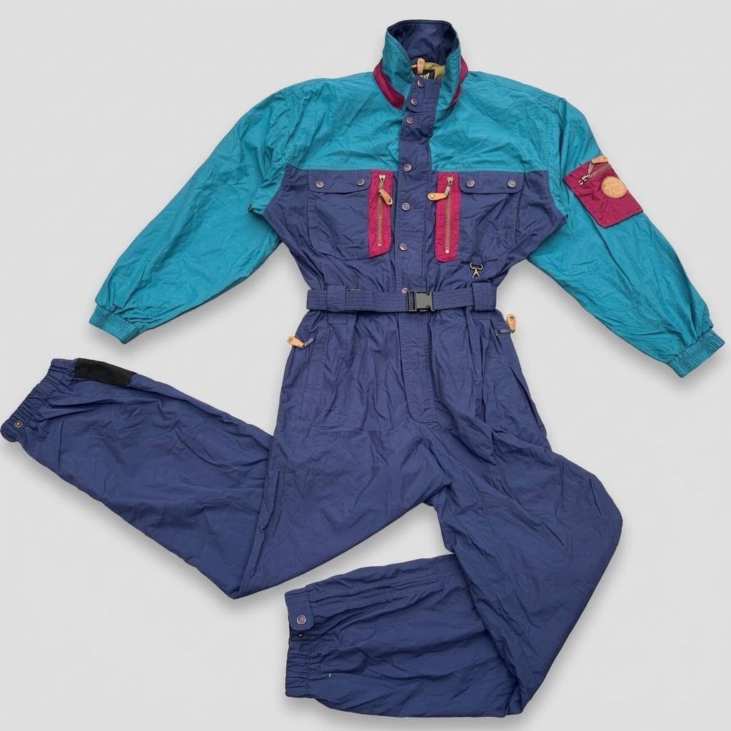 Vintage Marker Ski Suit Womens XL One Piece Colourblock Teal Navy 80s 90s Retro