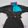 Vintage 90s Columbia One Piece Ski Suit Womens M Black Teal Pink Belted Radial Sleeve