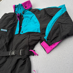 Vintage 90s Columbia One Piece Ski Suit Womens M Black Teal Pink Belted Radial Sleeve