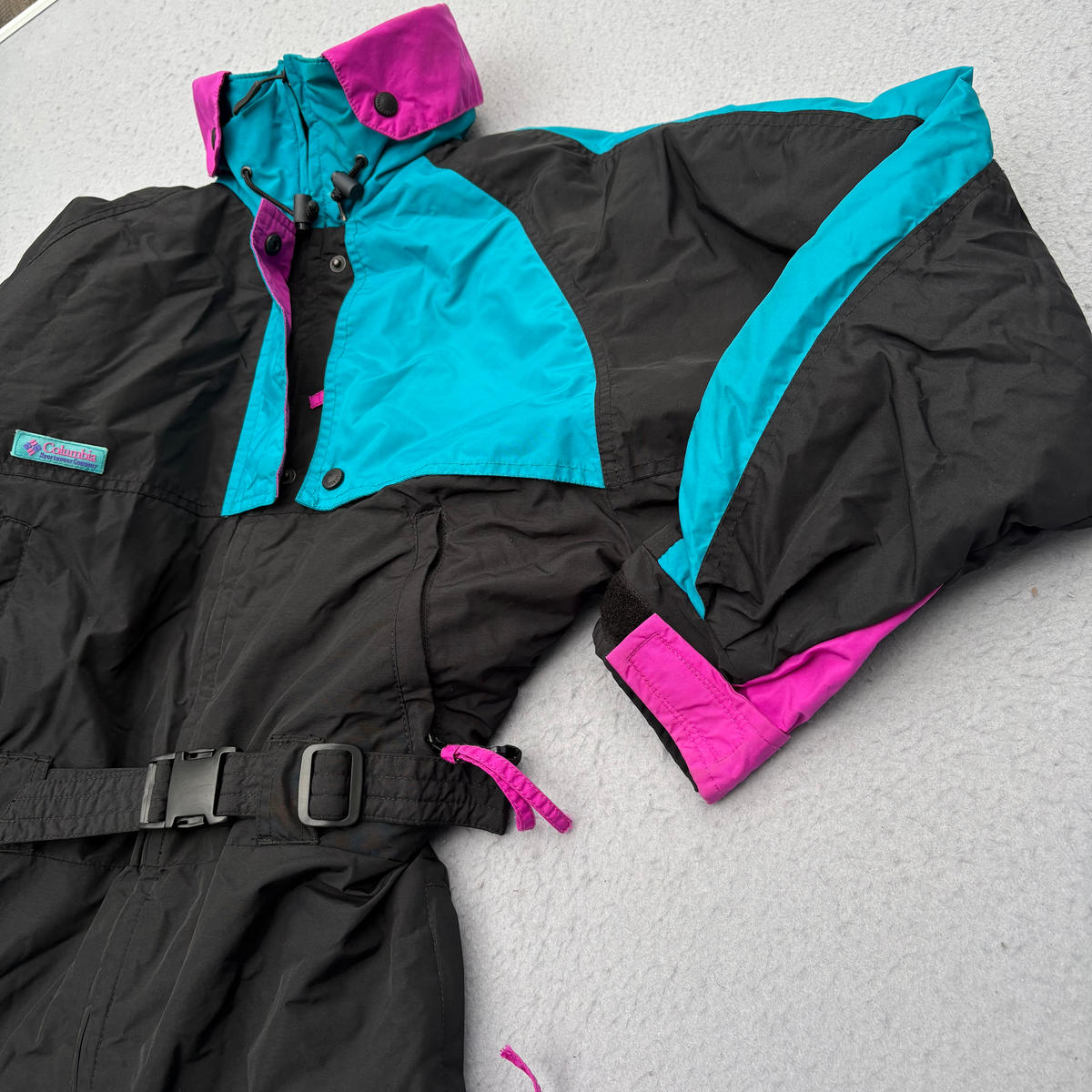 Vintage 90s Columbia One Piece Ski Suit Womens M Black Teal Pink Belted Radial Sleeve