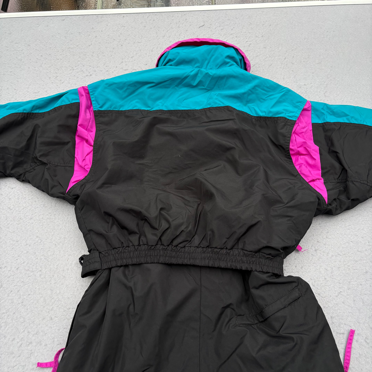 Vintage 90s Columbia One Piece Ski Suit Womens M Black Teal Pink Belted Radial Sleeve