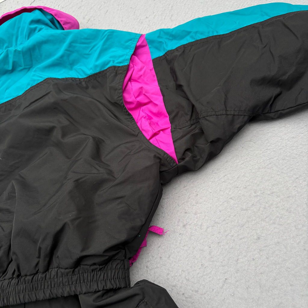 Vintage 90s Columbia One Piece Ski Suit Womens M Black Teal Pink Belted Radial Sleeve