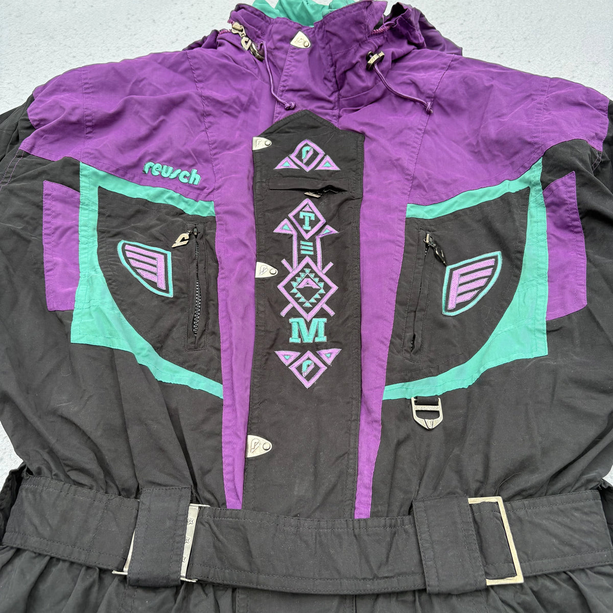 Vintage Reusch One Piece Ski Suit Mens XL Retro 90s Black Purple Teal Snowsuit