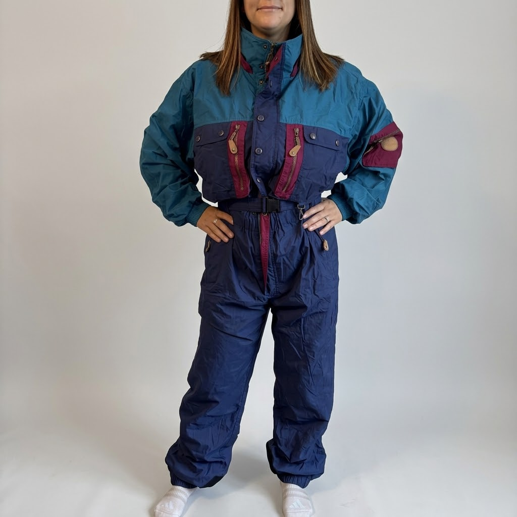 Vintage Marker Ski Suit Womens XL One Piece Colourblock Teal Navy 80s 90s Retro