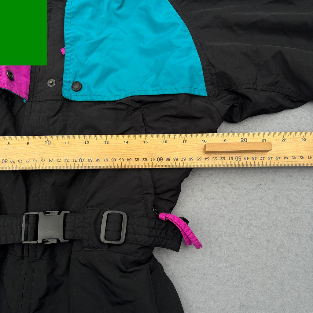 Vintage 90s Columbia One Piece Ski Suit Womens M Black Teal Pink Belted Radial Sleeve