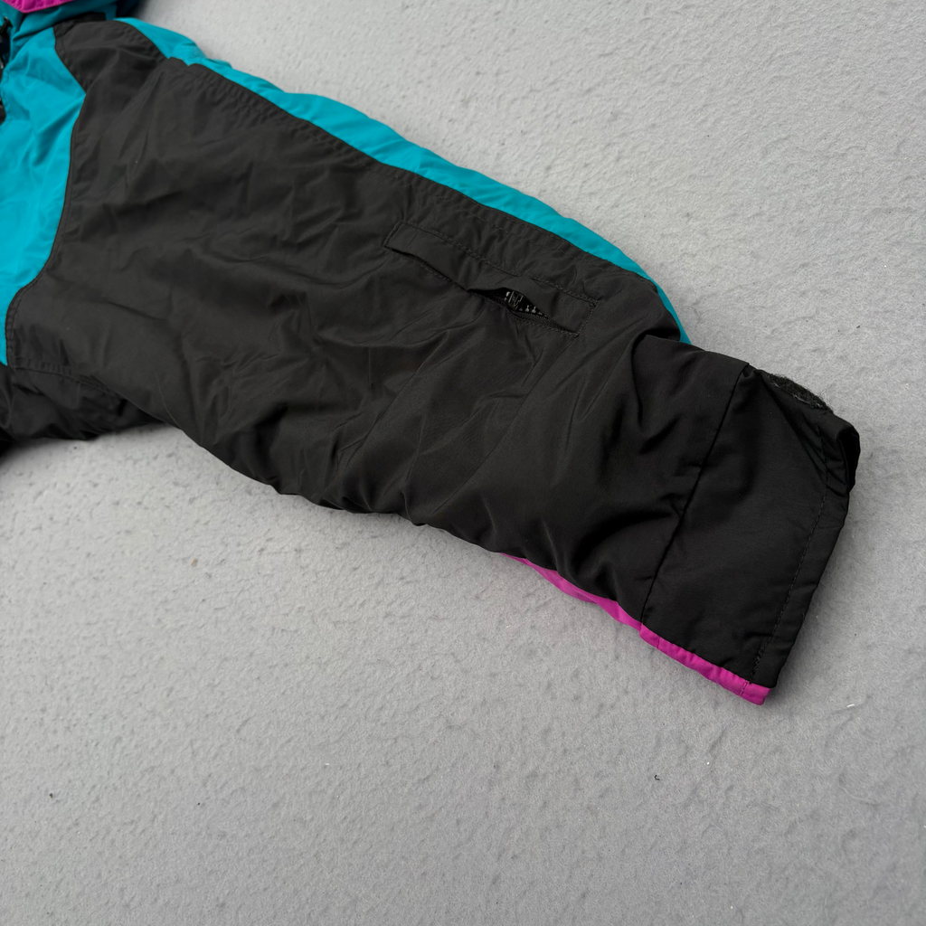 Vintage 90s Columbia One Piece Ski Suit Womens M Black Teal Pink Belted Radial Sleeve