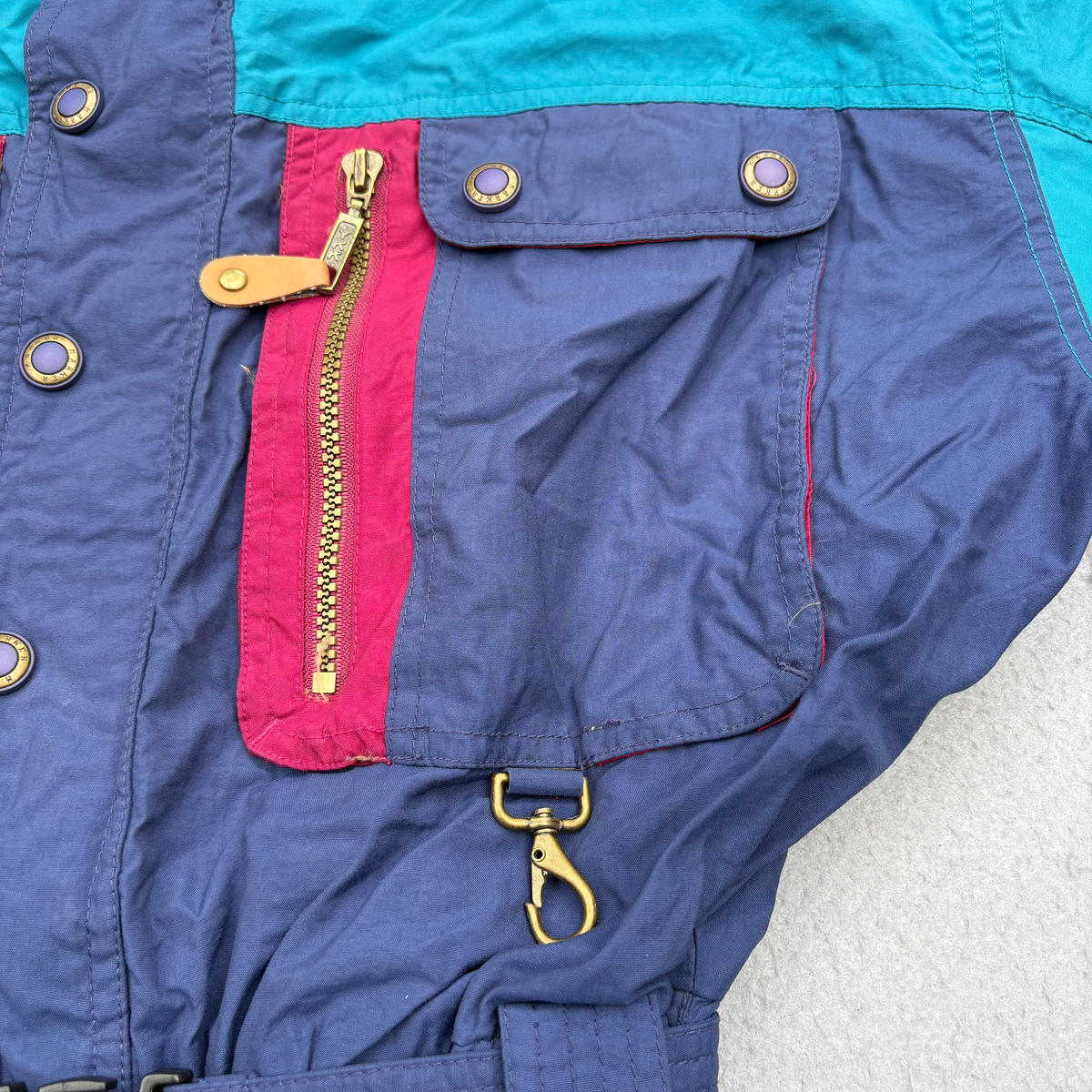 Vintage Marker Ski Suit Womens XL One Piece Colourblock Teal Navy 80s 90s Retro