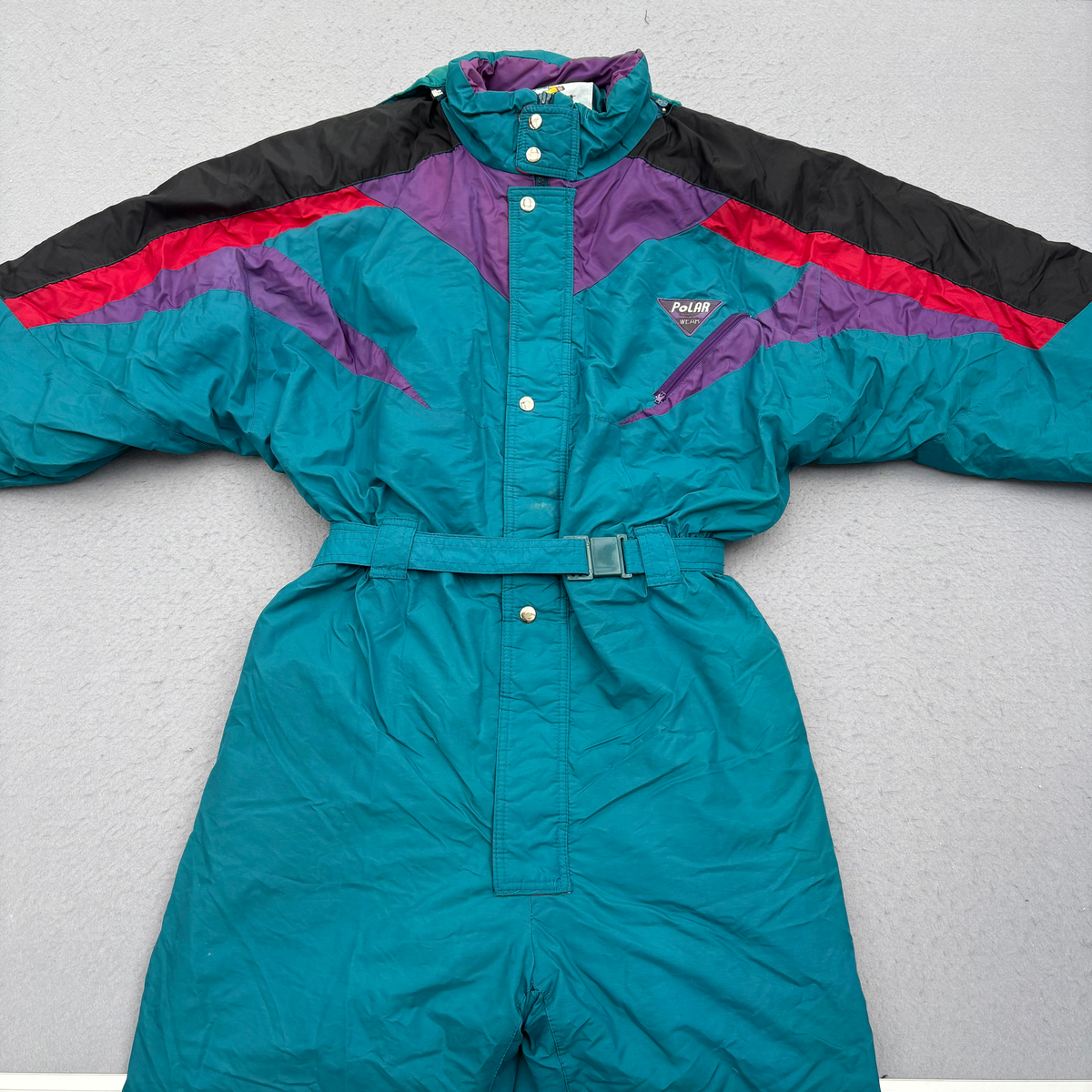 Polar Patrol 1980’s Hooded Men’s Size XL Green Red Black Nylon Baggy Ski Suit Jumpsuit